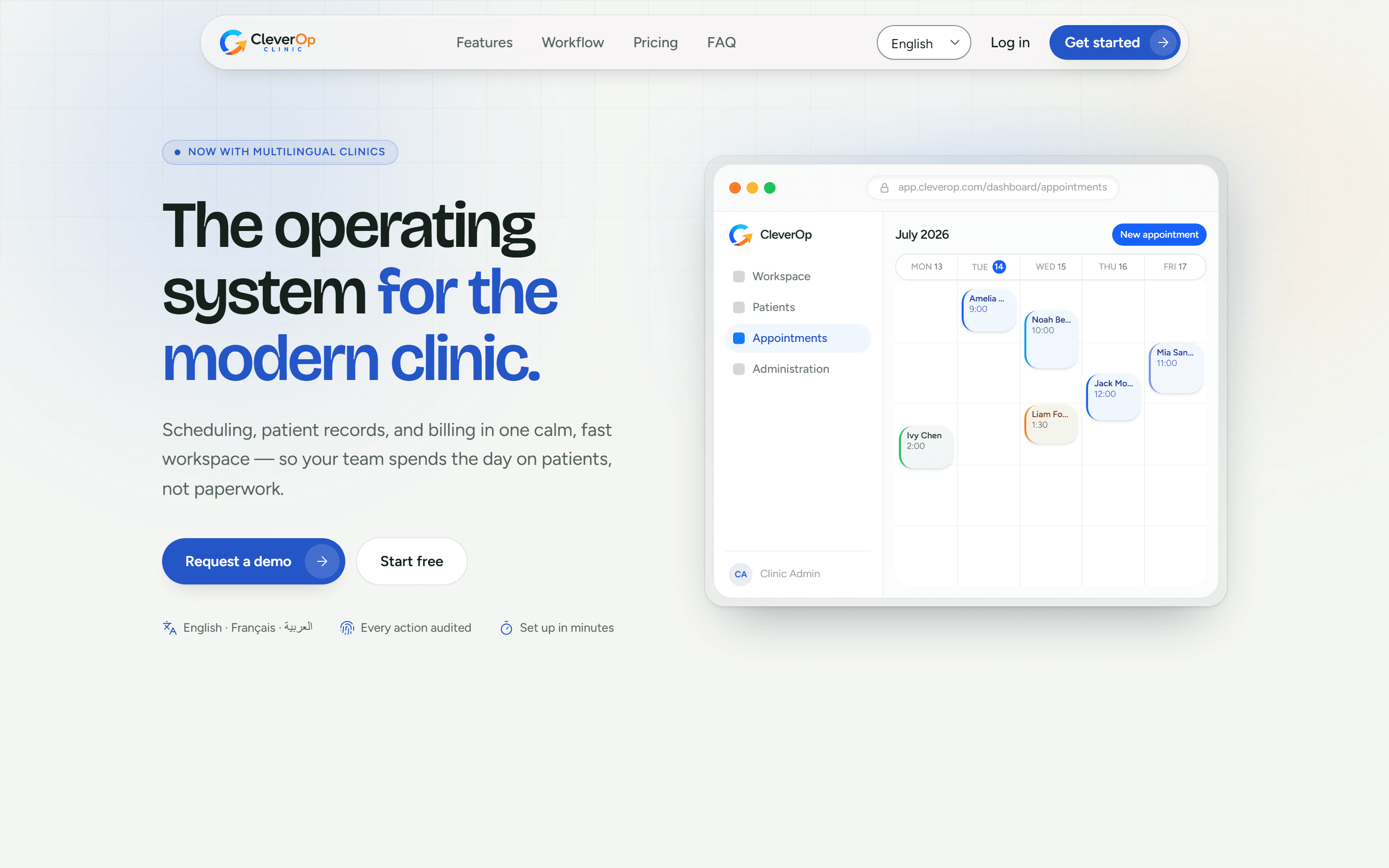 CleverOp Clinic product website: headline “The operating system for the modern clinic” beside a calendar preview.